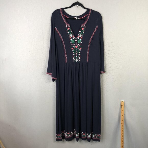 Boden Dresses & Skirts - Boden Dress Womens 16R Navy Blue Embroidered Long Sleeve Boho Floral Midi Folk